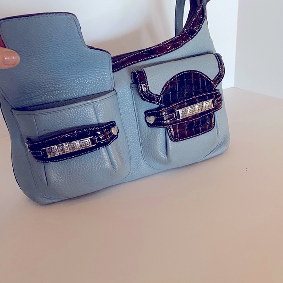 Powder Blue Brighton purse w/brown patent trim. - Picture 3 of 14